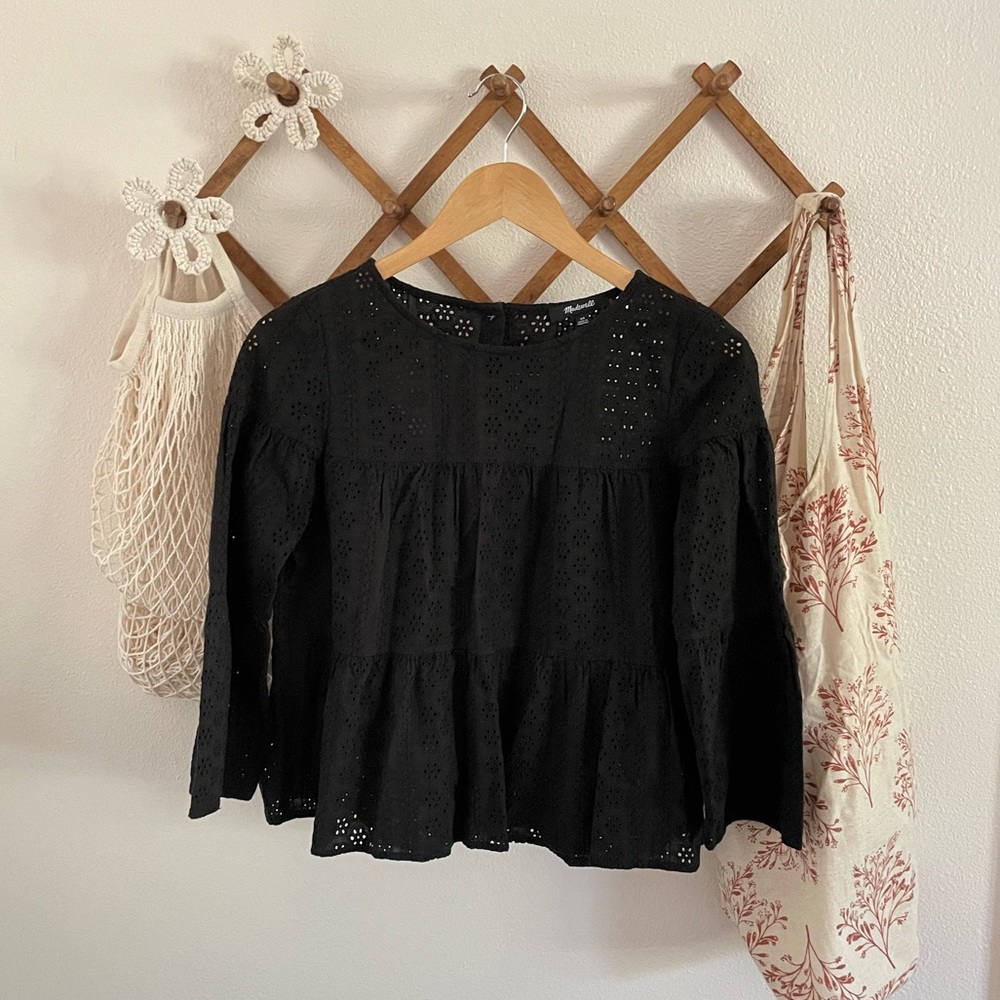 Madewell black eyelet tiered button-back top